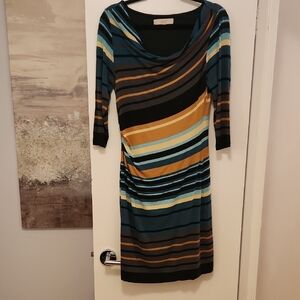 LOFT Striped Cowl Neck Dress in Teal, Mustard, Black and Gray